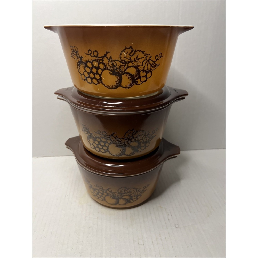 3 Vintage Pyrex Old Orchard 1qt Casserole Dishes 473 with 2 Brown Lids